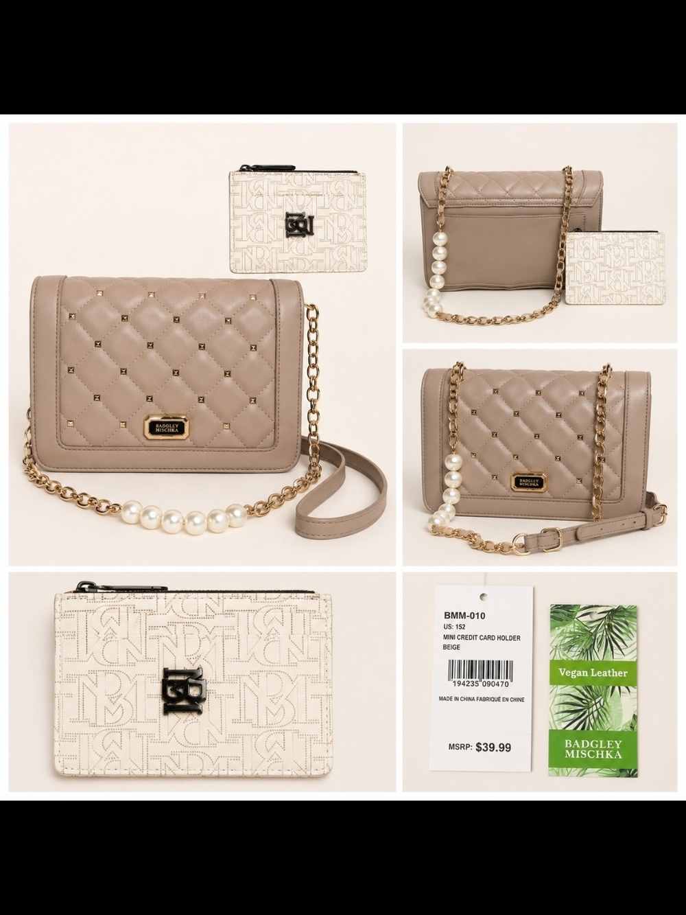 Badgley Mischka Taupe Quilted Chain Crossbody with Pearl Detail, NWT Card Holder
